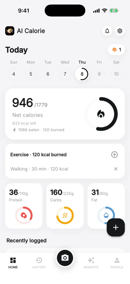 AI Calorie home screen showing net calories, macros and exercise