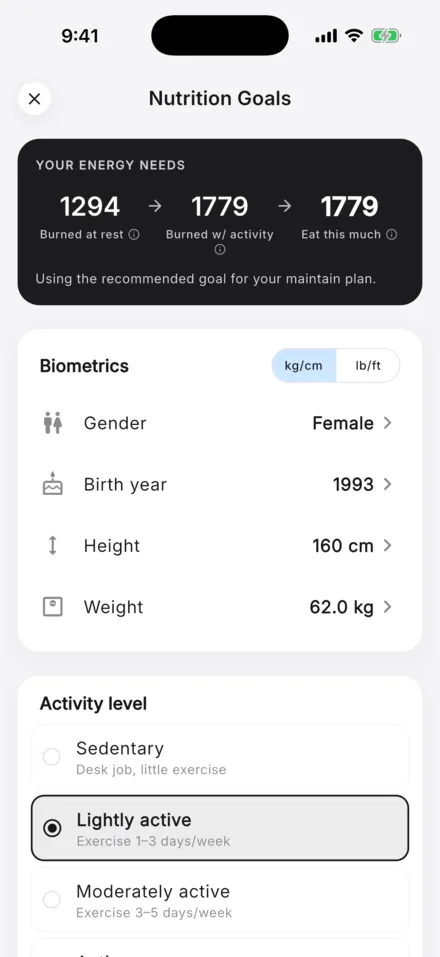 AI Calorie nutrition goals screen with daily energy needs